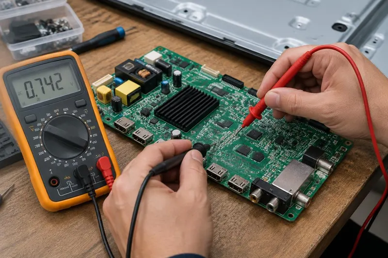 Technician testing a TCL TV mainboard with a multimeter