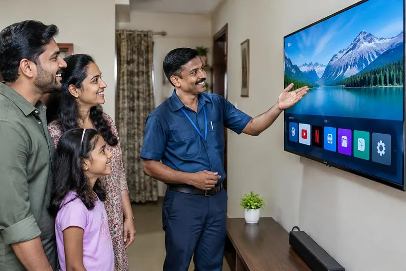TV technician showing a customer their repaired smart TV after a home visit
